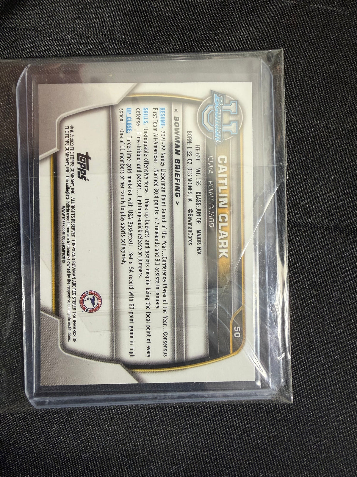 2022 Bowman University Chrome Caitlin Clark #50 Purple Shimmer Refractor - Iowa — product photo 2