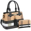 Catalog reference of matching brown black and cream plaid two-piece purse and wallet set; actual tagged set shown second. Brand remains unconfirmed.