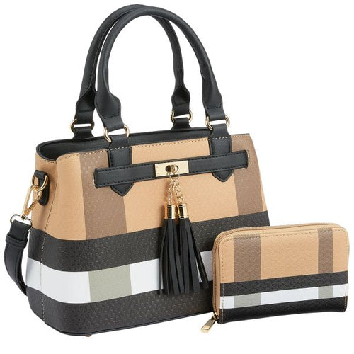 Catalog reference of matching brown black and cream plaid two-piece purse and wallet set; actual tagged set shown second. Brand remains unconfirmed.
