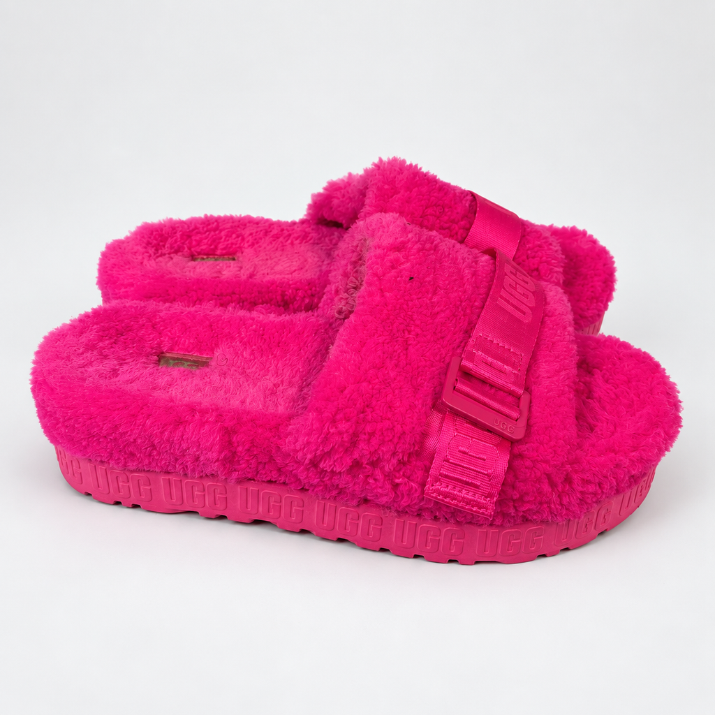 UGG Pink Fuzzy Buckle Platform Slides - US 10 / EU 41 — edited neutral-background presentation; see original photos for condition