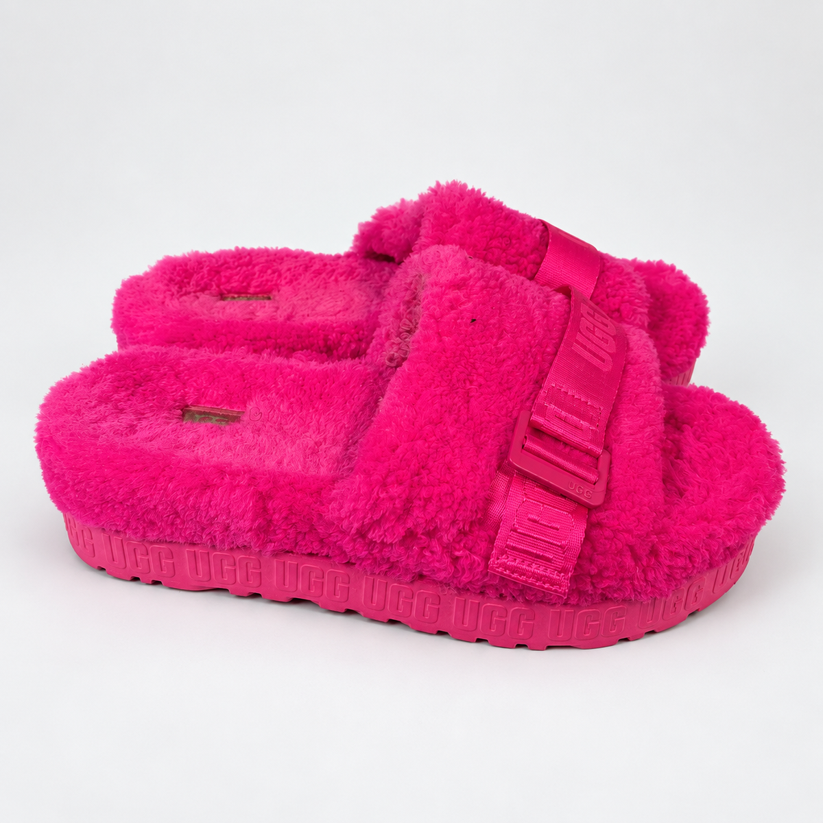 UGG Pink Fuzzy Buckle Platform Slides - US 10 / EU 41 — edited neutral-background presentation; see original photos for condition