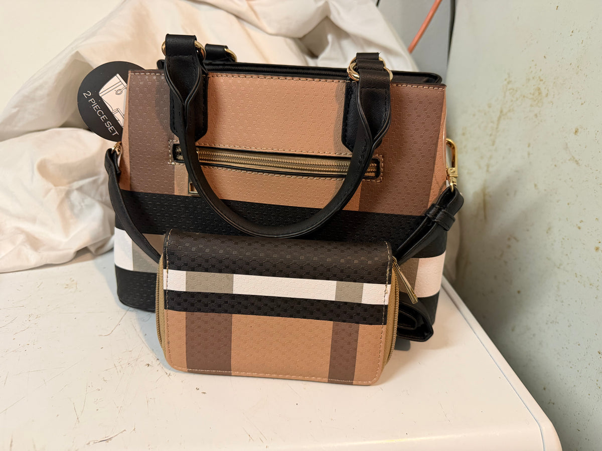 Colorblock Tassel Handbag & Matching Wallet Set - Tan/Black/Cream — original item photograph
