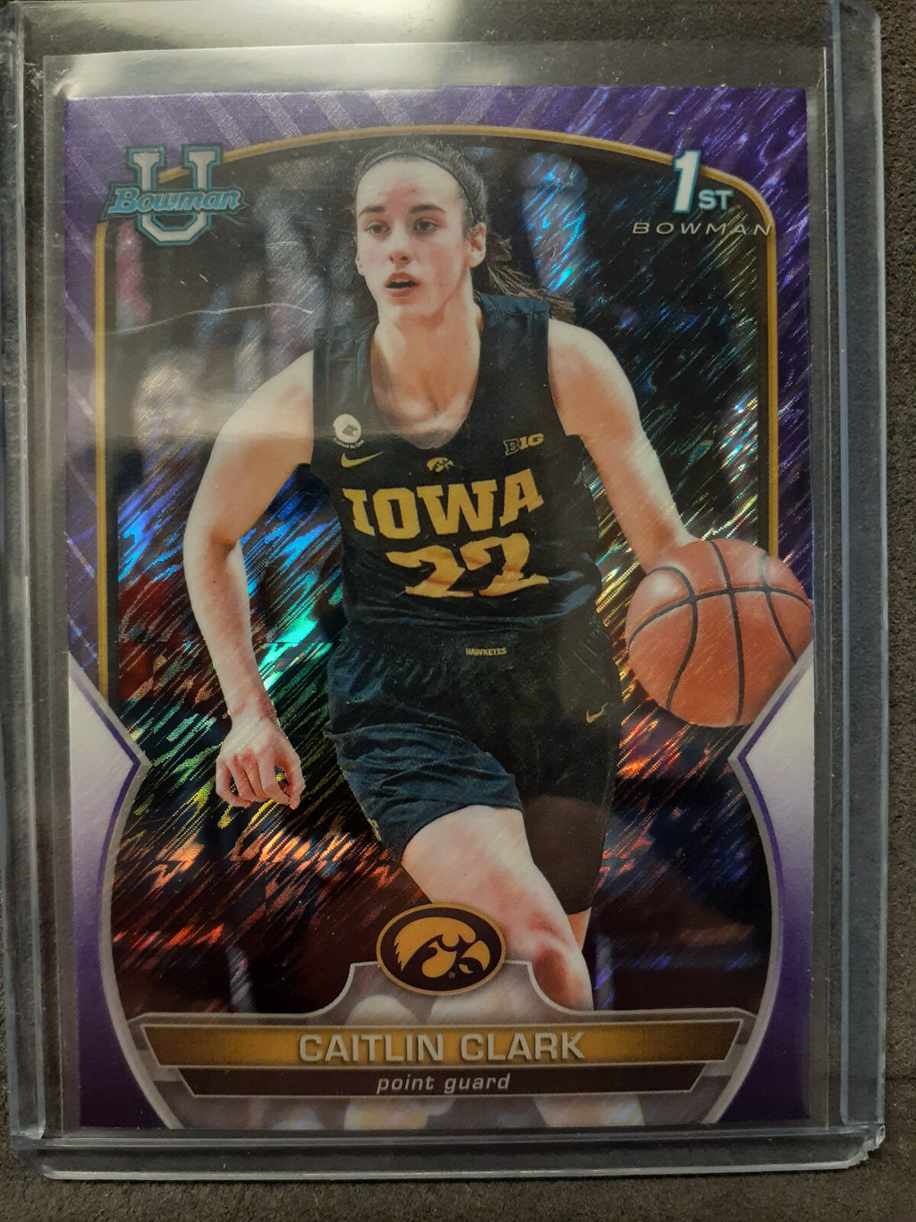 Caitlin Clark 2022 Bowman Chrome University number 50 Shimmer catalog reference image; actual ungraded card is shown separately.