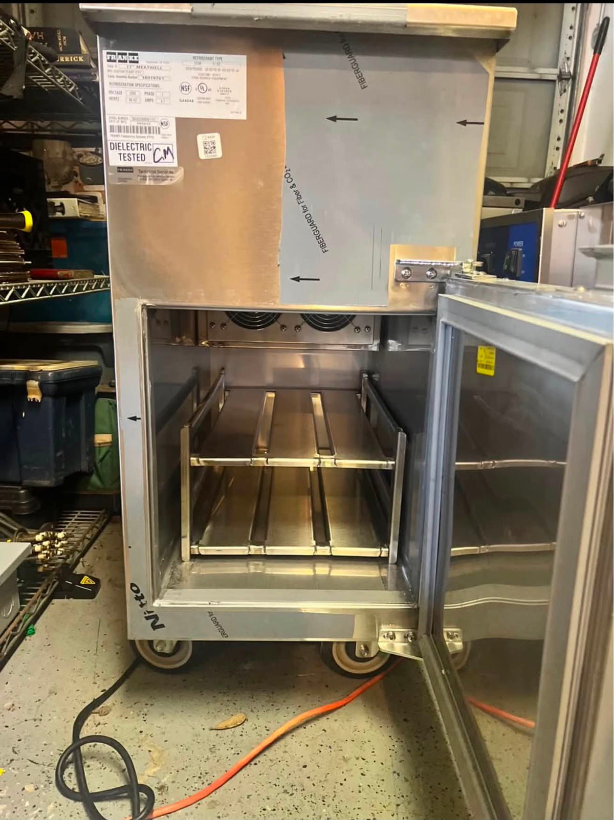 Franke meatwell with door open, cabinet and casters