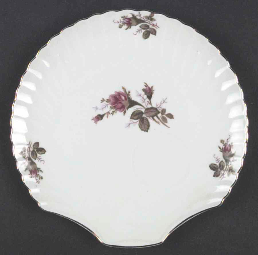 Japan 31-10A pink moss rose shell-shaped plate catalog pattern reference; actual plate in its wrapping is shown second. Diameter is unmeasured.