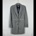 Resale reference photograph of the matching Tommy Hilfiger gray Small coat with the 59 percent wool, 33 percent polyester and 8 percent other fibers composition; actual coat is shown second.