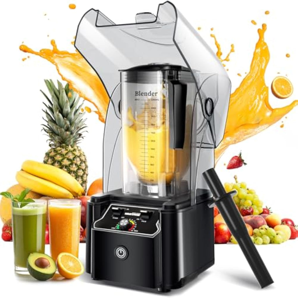 WantJoin 2200W enclosed blender manufacturer reference image; actual pre-owned blender and supplied accessories are shown next.