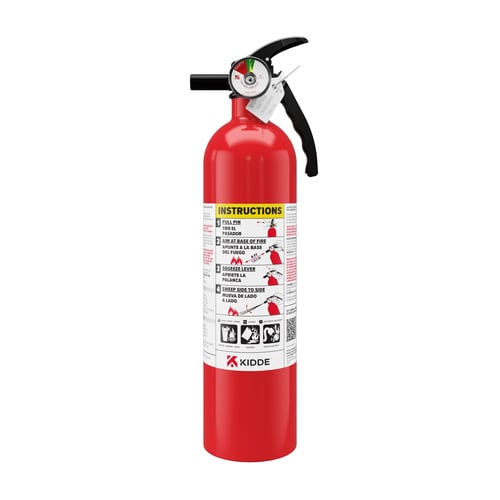 Kidde FA110G Basic 110 manufacturer reference image showing one extinguisher; listing includes two. Actual package is shown next.